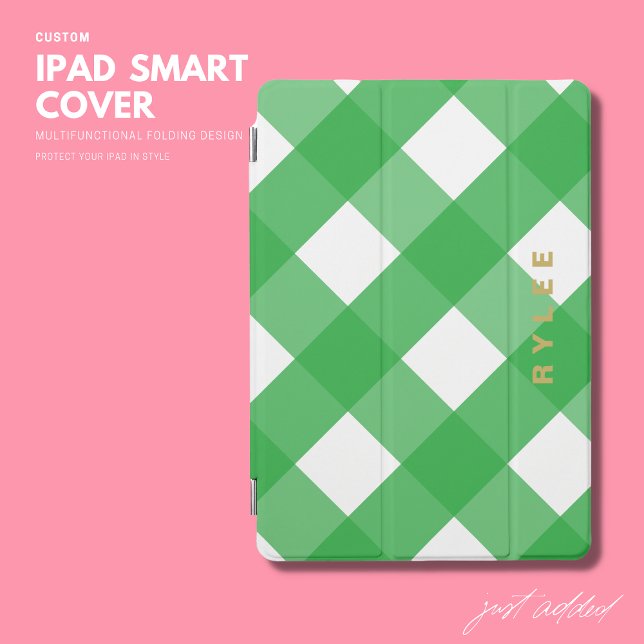 Modern Simple Trendy Green Gingham Monogram iPad Pro Cover (Creator Uploaded)