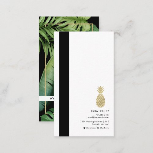 Modern Simple Tropical Leaves Pineapple Black Gold Business Card