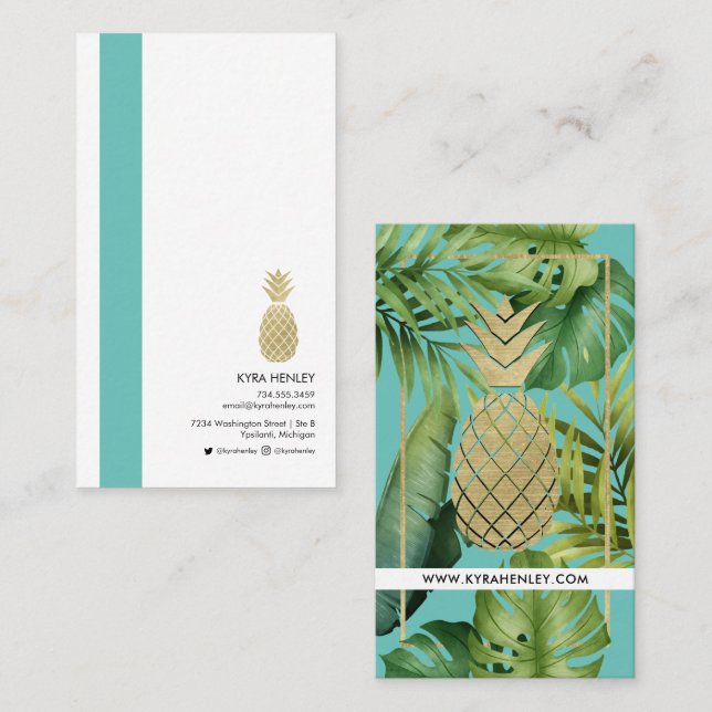 Modern Simple Tropical Leaves Pineapple Turquoise  Business Card (Front/Back)