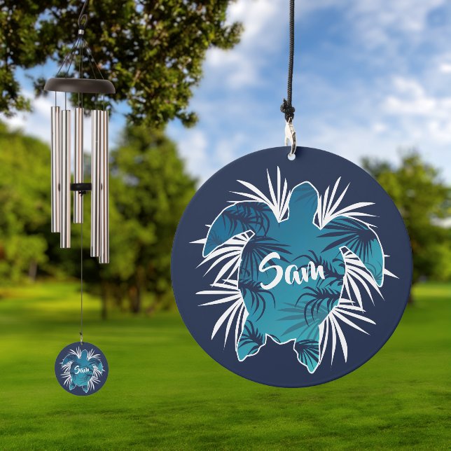 Modern Simple Tropical Turtle Add Your Name Wind Chime (Outdoor)