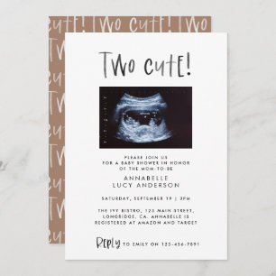 Modern simple twin photo tan brown two cute birth announcement