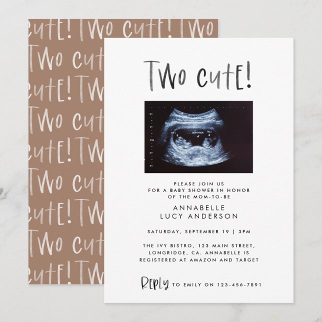 Modern simple twin photo tan brown two cute birth announcement (Front/Back)