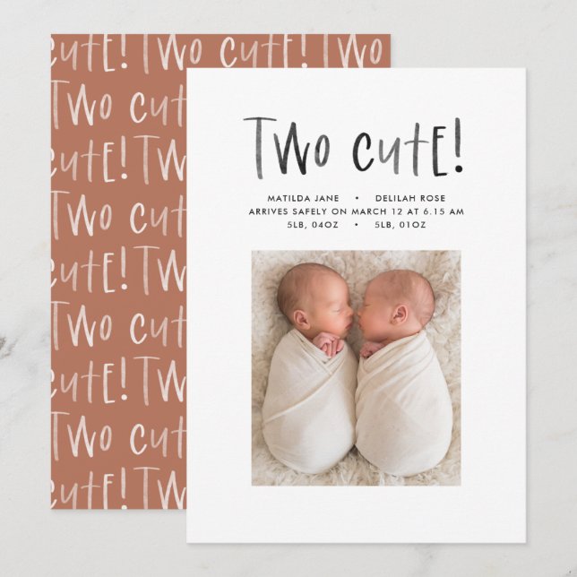 Modern simple twin photo terracotta two cute birth announcement (Front/Back)