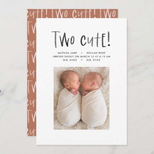Modern simple twin photo terracotta two cute birth announcement
