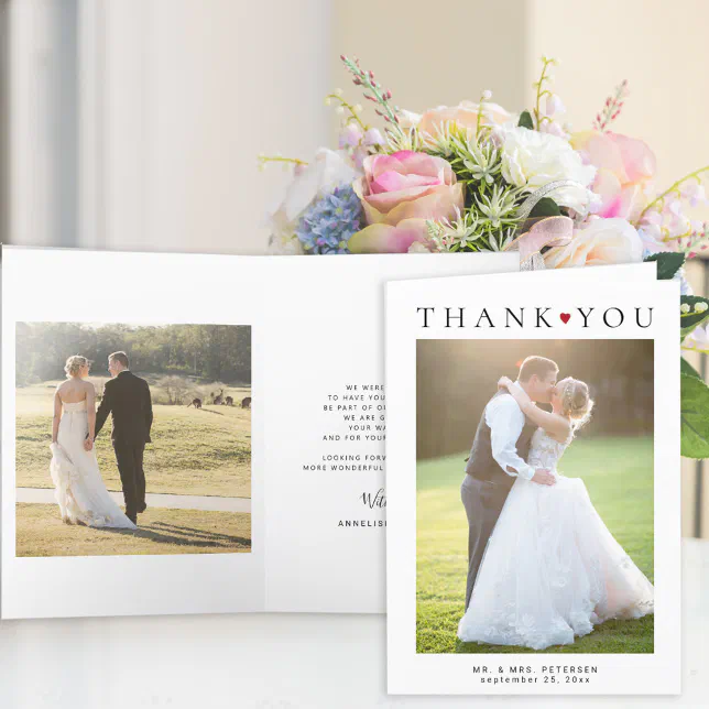 Modern simple typography 2 photos wedding thank you card | Zazzle