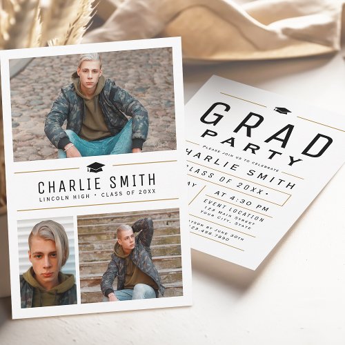 Modern Simple Typography 3 Photo Graduation Party Invitation