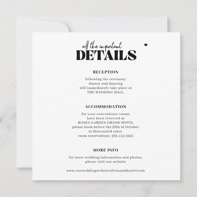 Modern simple typography wedding details square note card (Front)
