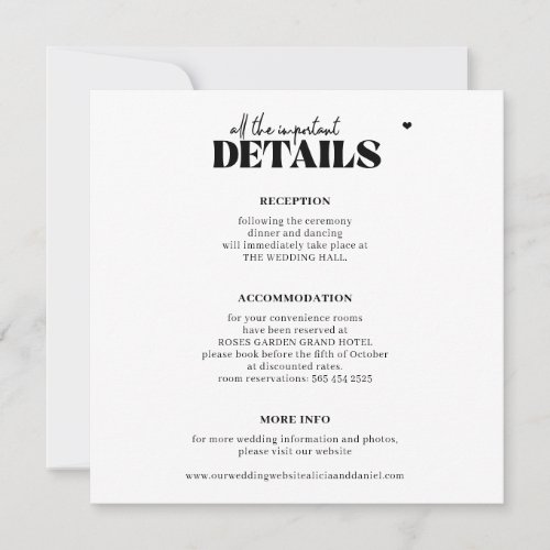 Modern simple typography wedding details square note card