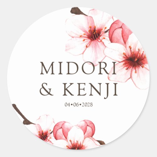 Modern Simple Watercolor Cherry Blossoms Wedding  Classic Round Sticker