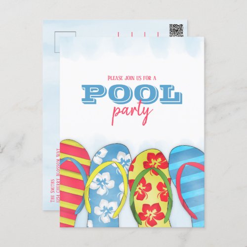 Modern Simple Watercolor Flip Flop Pool Party Postcard