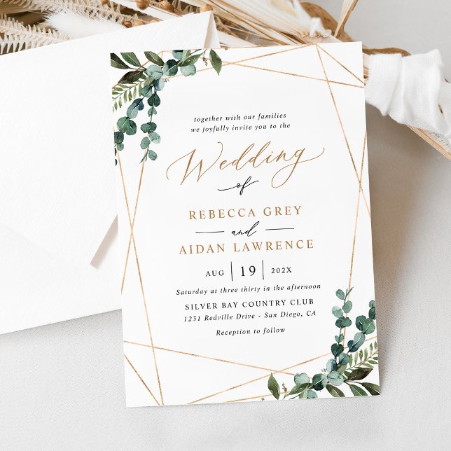 Modern Simple Watercolor Greenery Gold Wedding Invitation (Creator Uploaded)