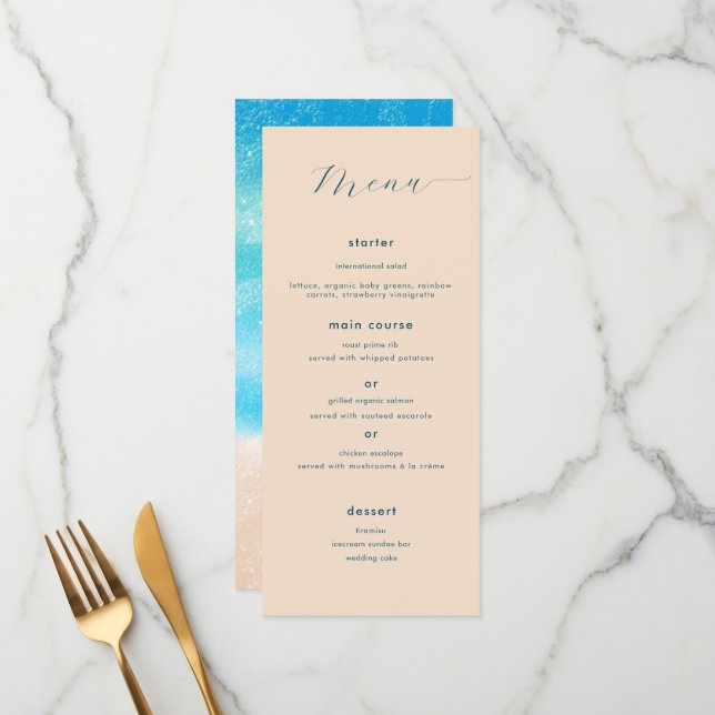 Modern Simple Watercolor Sandy Beach Wedding Menu (Front/Back In Situ)