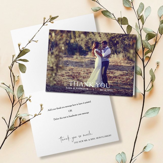 Modern Simple Wedding Photo Thank You Card (Modern simple wedding photo folded thank you notes with our message inside or leave blank)