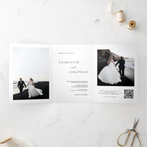 Modern Simple Wedding RSVP Details QR Code Photo Tri_Fold Invitation