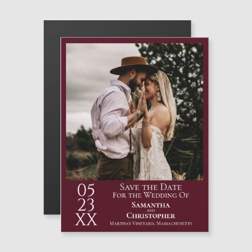 Modern Simple Wedding Save the Date Photo Burgundy Magnetic Invitation