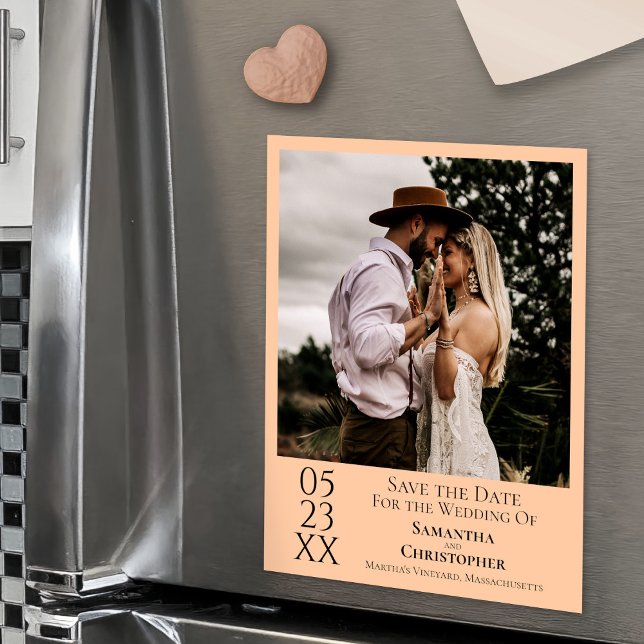 Modern Simple Wedding Save the Date Photo Peach Magnetic Invitation (In Situ on Refrigerator)