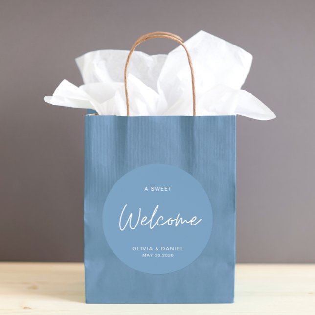 Modern Simple Wedding Welcome Quote | Dusty Blue Classic Round Sticker (Modern wedding couple welcome quote dusty blue)