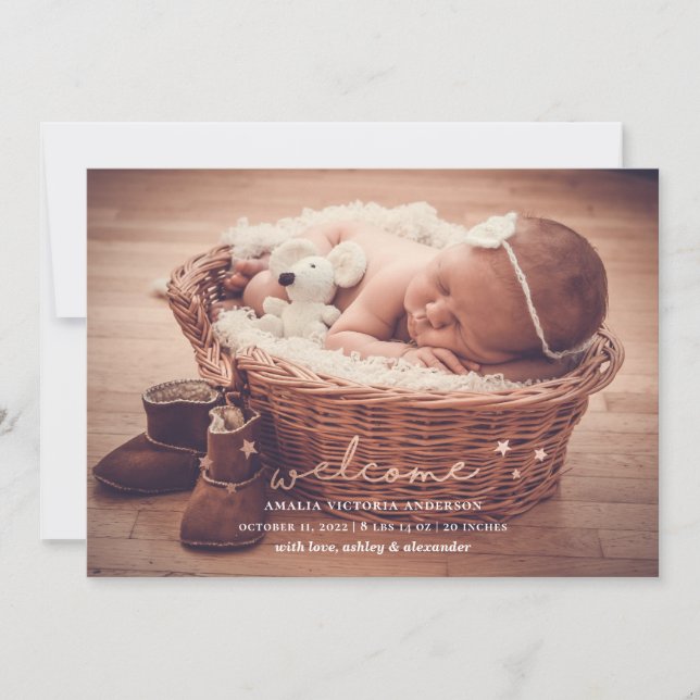 Modern simple welcome newborn. New baby birth Announcement (Front)