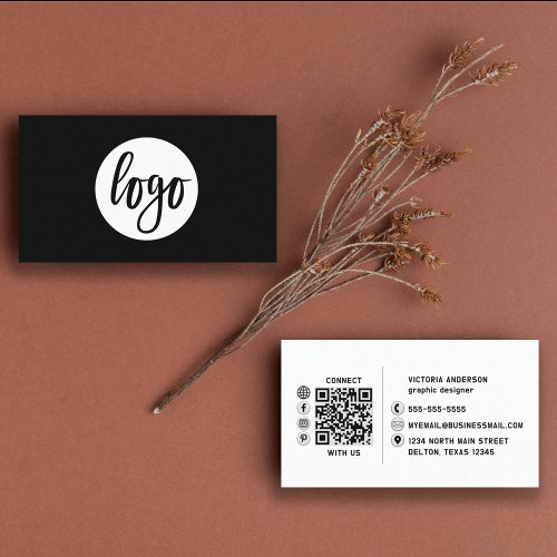 Modern Simple White and Black Logo QR Code Business Card