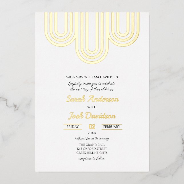 Modern Simple White and Golden Wedding Foil Invitation (Front)