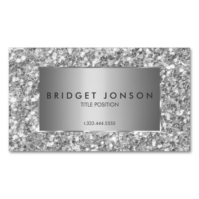 Modern Simple White And Gray Glitter Business Card Magnet (Front)