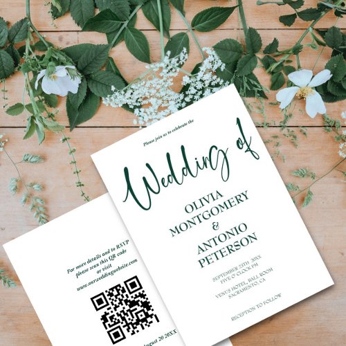 Modern Simple White and Green QR Code Wedding Invitation