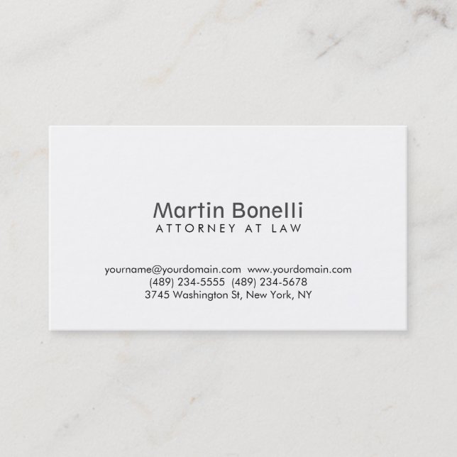 Modern Simple White Attorney at Law Business Card (Front)