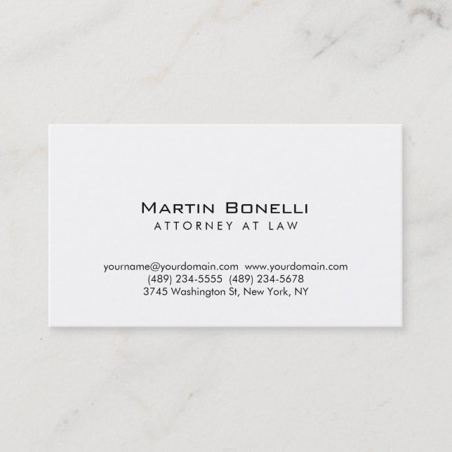 Modern Simple White Attorney at Law Business Card (Front)