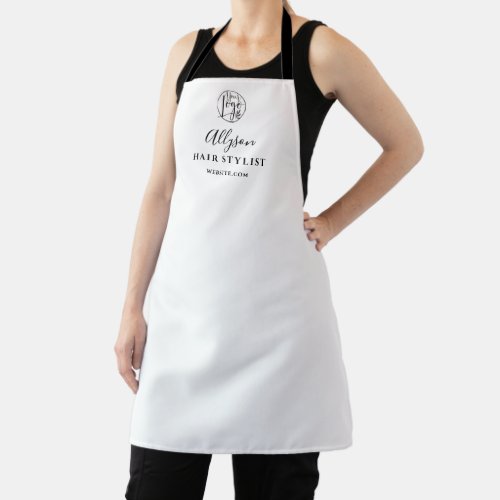 Modern simple white black hair stylist logo brand apron