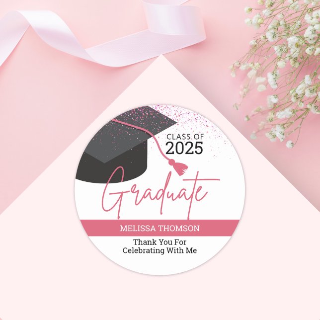 Modern Simple White Blush Graduate Thank You Classic Round Sticker (Creator Uploaded)