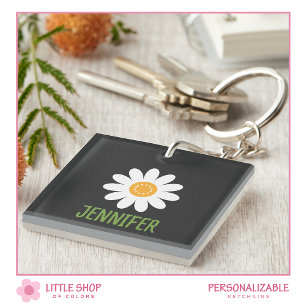 Modern Simple White Daisy Customizable Keychain