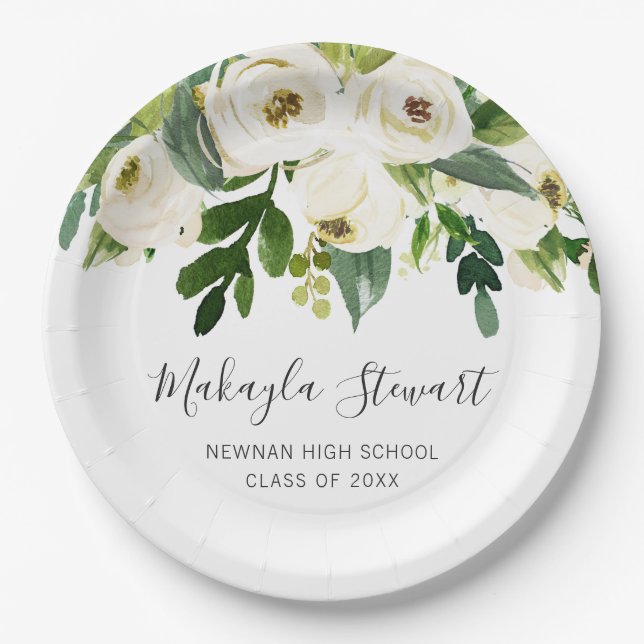 Modern Simple White Floral Elegant Graduation Paper Plates (Front)