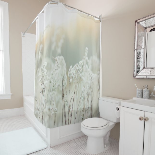 Modern Simple White Flowers Botanical Art Shower Curtain (In Situ)