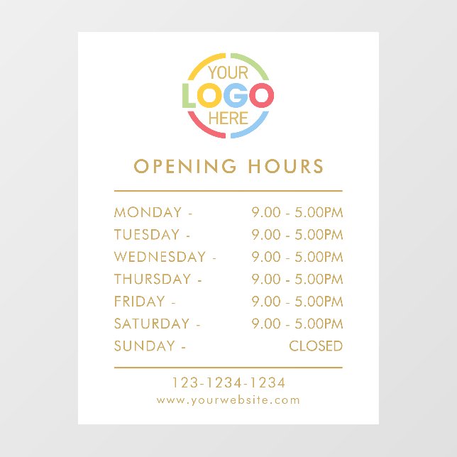 Modern Simple White Gold | Business Opening Hours Window Cling (Sheet)