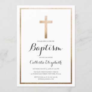 Modern Simple White Gold Cross Border Baptism Invitation