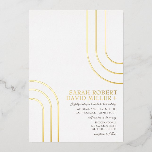 Modern Simple White Gold Minimal Wedding  Foil Invitation (Front)