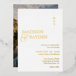 Modern Simple White Gold Monogram Photo Wedding Foil Invitation