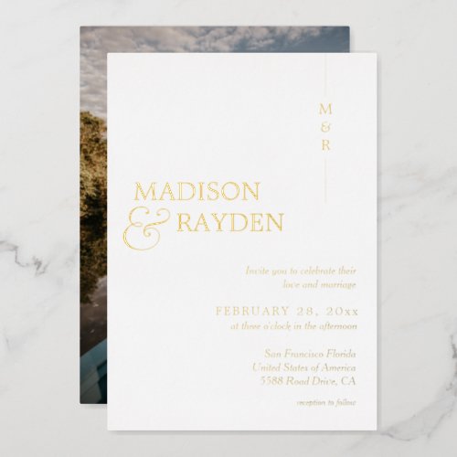 Modern Simple White Gold Monogram Photo Wedding Foil Invitation
