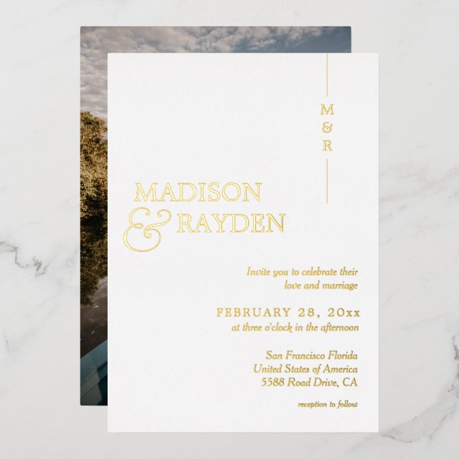 Modern Simple White Gold Monogram Photo Wedding Foil Invitation (Front/Back)