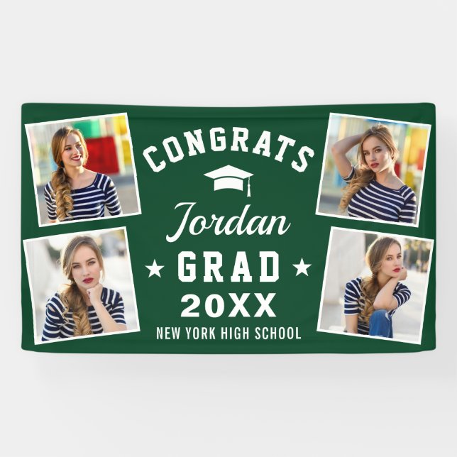 Modern Simple White Green Graduation Party 4 PHOTO Banner (Horizontal)