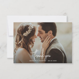 Modern Simple White Overlay Text Photo Wedding Thank You Card