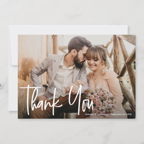 Modern Simple White Script Overlay Wedding Photo Thank You Card