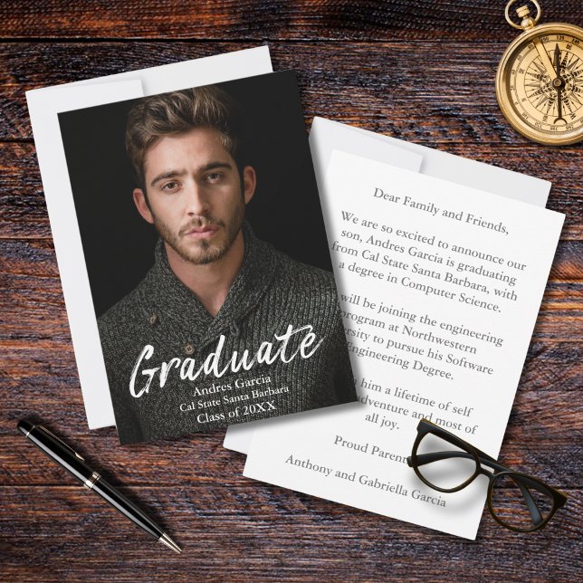 Modern Simple White Text Overlay Graduate Photo Announcement (Creator Uploaded)