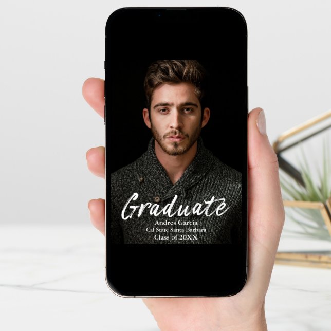 Modern Simple White Text Overlay Graduate Photo Announcement (Front Digital)