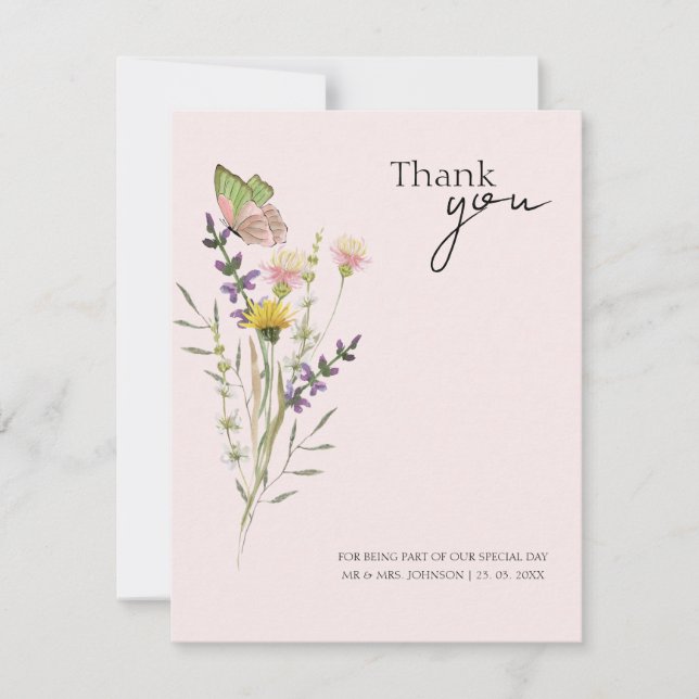 Modern Simple Wildflower Floral Wedding Thank You Card (Front)