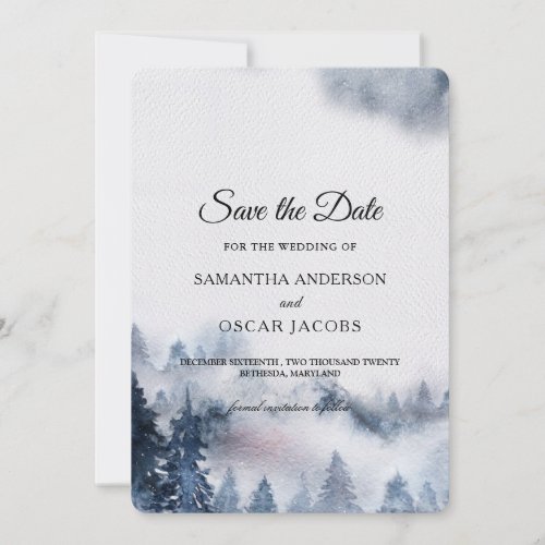 Modern Simple Winter Blue  White Forest Save The  Save The Date