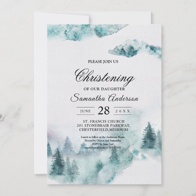 Modern Simple Winter Green & White Trees Invitation (Front)