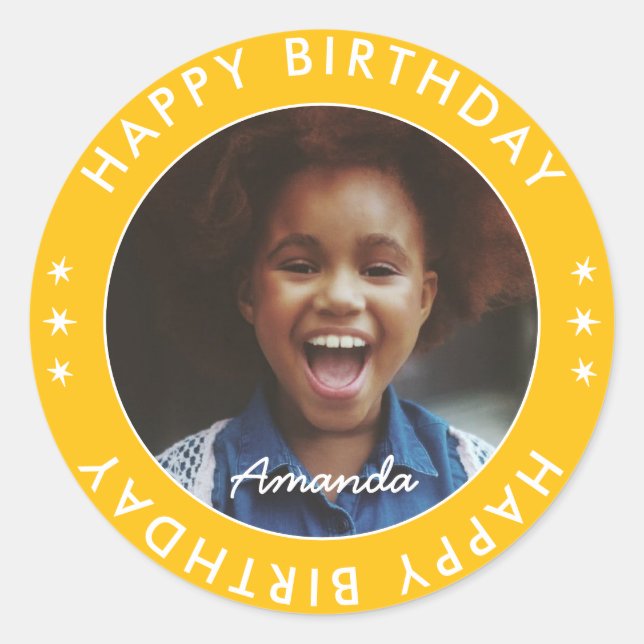 Modern Simple Yellow Kids Happy Birthday Photo Classic Round Sticker (Front)