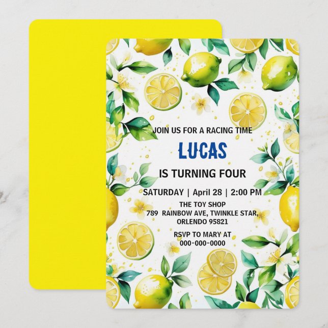 Modern Simple yellow Lemon watercolor birthday Invitation (Front/Back)