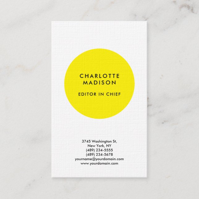 Modern Simple Yellow White Minimalist Plain Linen Business Card (Front)